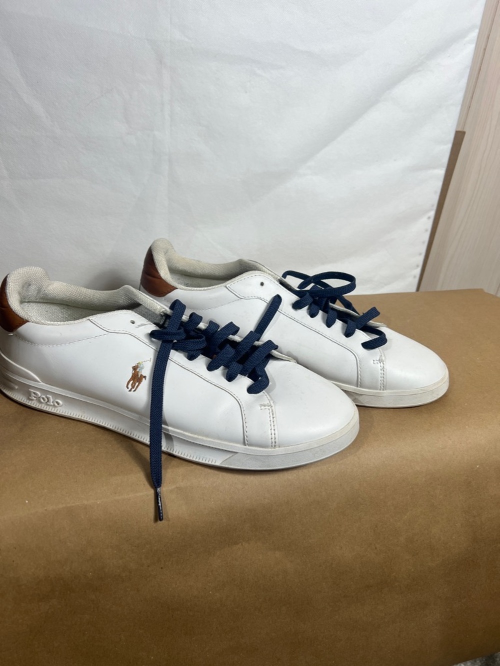 Polo by Ralph Lauren White Leather Sneakers with Navy Laces and Brown Heel